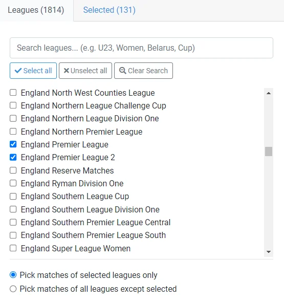 league filter selection window
